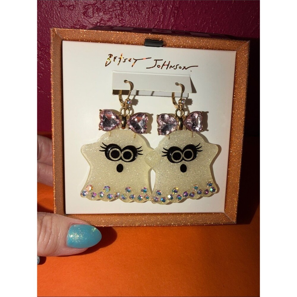 NWT Betsey Johnson Glitter Ghost with Pink Crystal Bows earrings. In gift box.